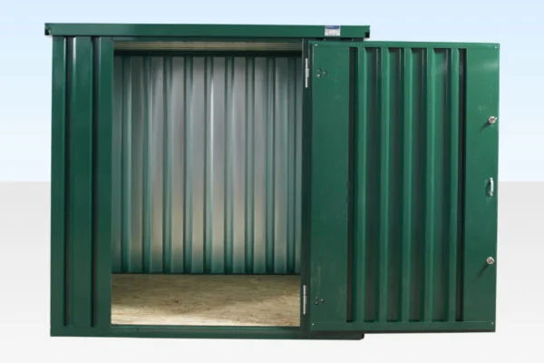 245-2M-Green_Store_Front_Open-960x640-1-600x400 (Powder Coated) Flat Packed Metal Storage Container